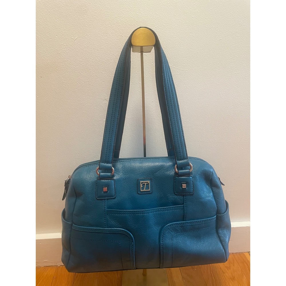 Tignanello Leather Shoulder Bag Teal Blue Pebbled Multi Pocket
